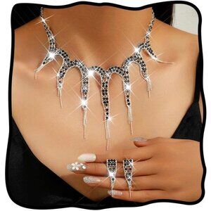 🆕Women Black Necklace Earrings Set Crystal Sparkly Necklaces Prom Jewelry Sets